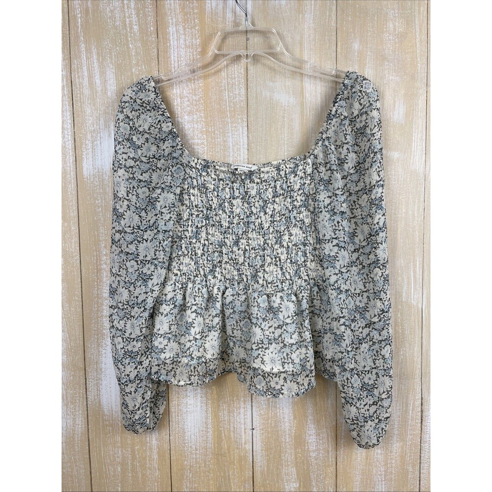 American Eagle Blue & White Floral Top Size S Smocked Boho Romantic Cottage-core